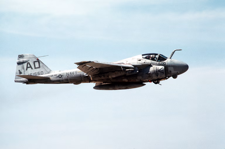 A U.S. Navy Grumman A-6E Intruder (BuNo 161660) of Attack Squadron 42 (VA-42) taking off from Naval Air Station Oceana, Virginia (USA), in 1990.